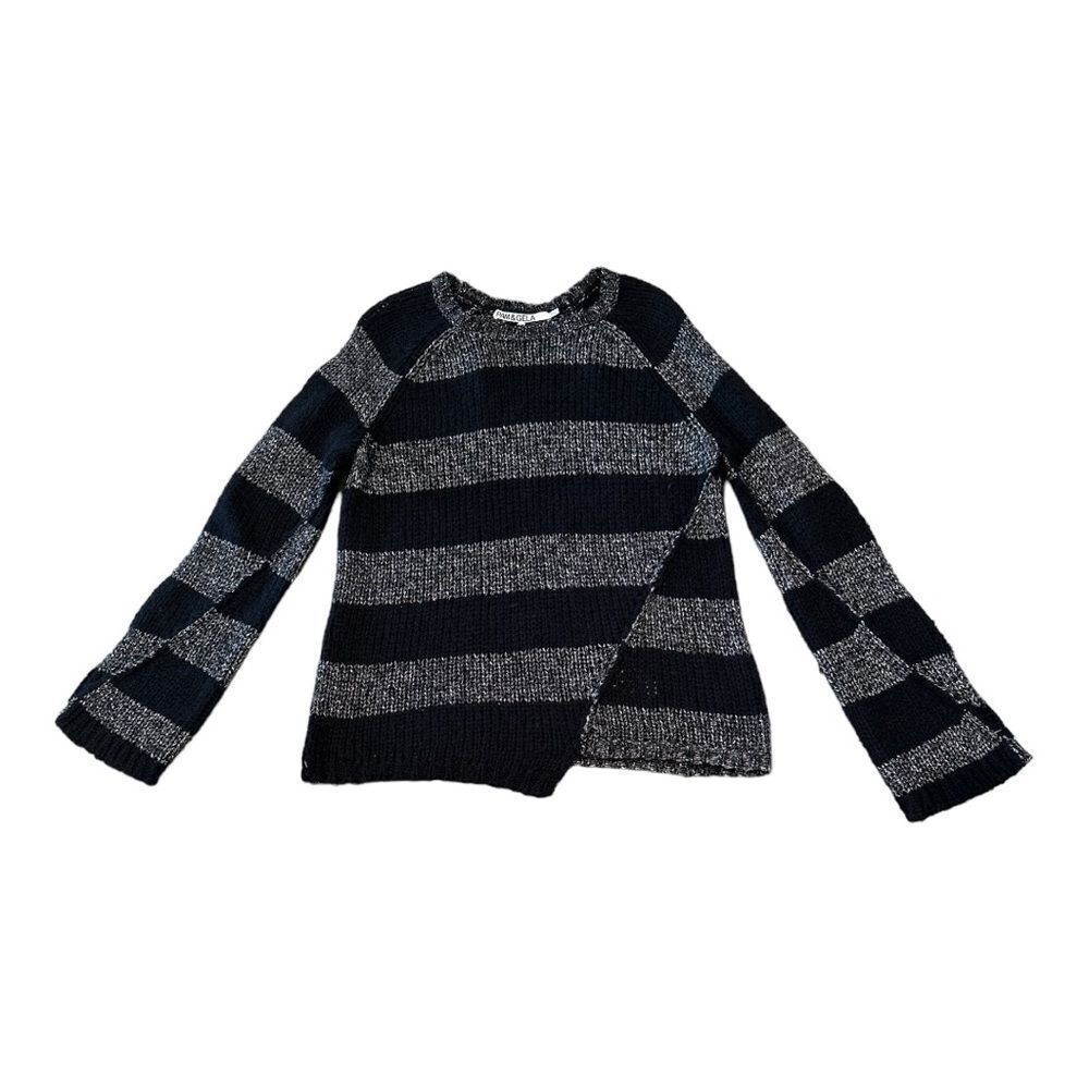 PAM & GELA Womens Striped Wool Blend Long Sleeve Sweater Black/Silver Size Small